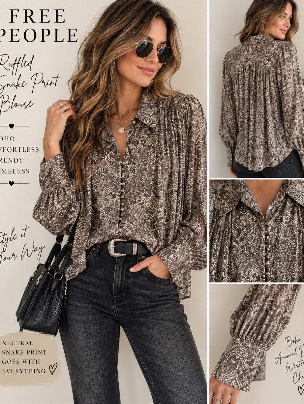 Free People Women’s M Ruffled Snake Print Button Front Blouse Boho